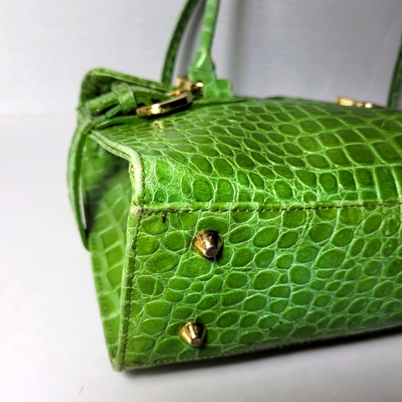 Genuine Leather Green Croc Embossed Handbag Shoulder Bag Satchel Vintage - Picture 7 of 16